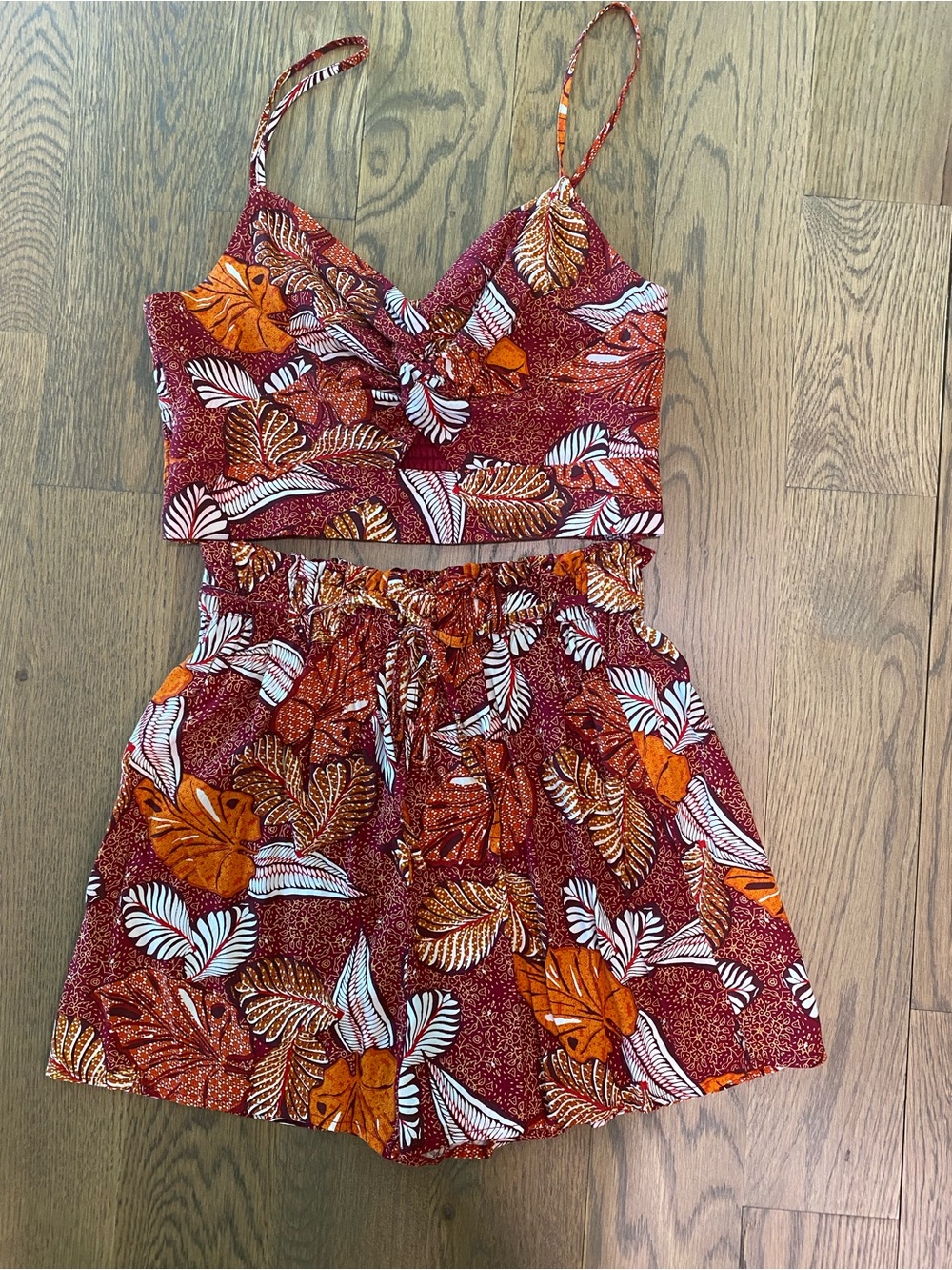 Women's Orange Leaf Print Two-Piece Set